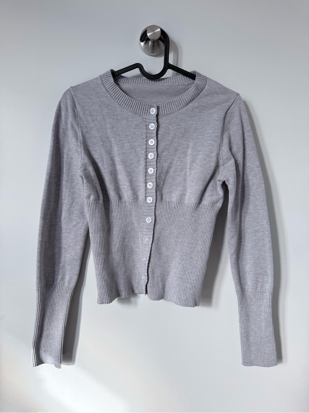Grey Ribbed Button-Front Women's Cardigan Top